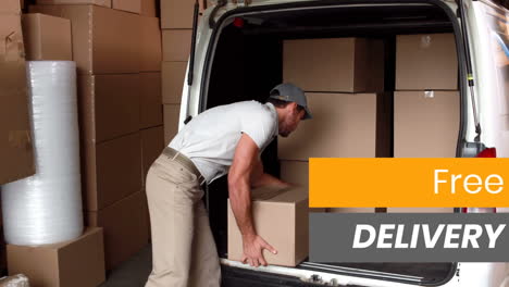 animation of the words free delivery over delivery man packing boxes onto a van