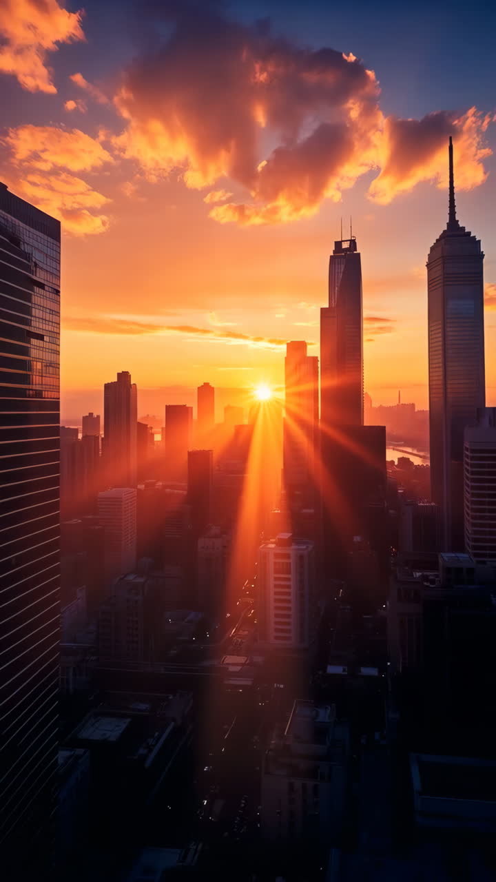 Um dramático pôr-do-sol sobre o horizonte de uma cidade vibrante