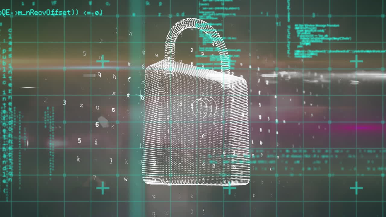 animación digital del procesamiento de datos a través de la red de red contra el icono de candado de seguridad de neón