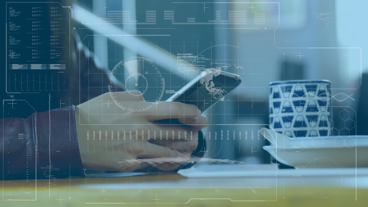 Animation of diverse data over hands of caucasian man using smartphone