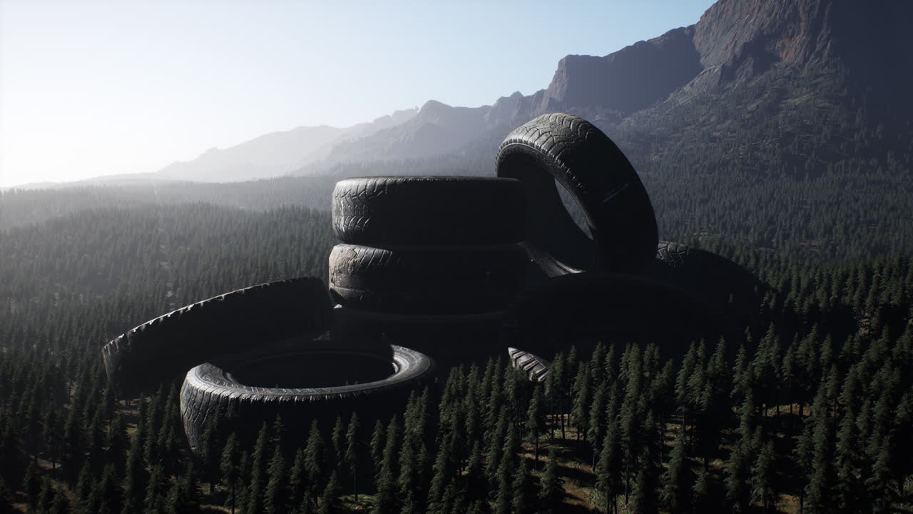 neumáticos de coche abandonados en las montañas
