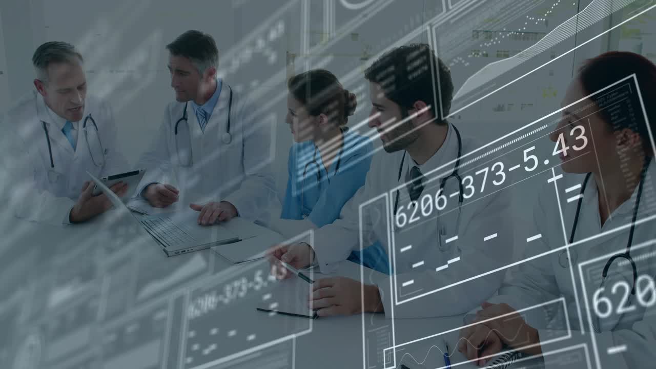 Lead doctor gesturing toward floating data panels, guiding medical team taking notes patient vitals