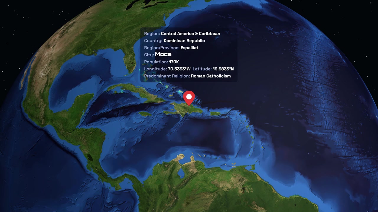 Digital globe rotates and zooms into Moca, Dominican Republic, displaying regional and demographic data