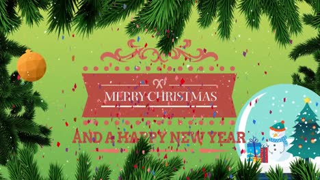 Animation-Von-Frohen-Weihnachten-Auf-Grünem-Hintergrund-Mit-Konfetti,-Tannenbäumen-Und-Schneekugel