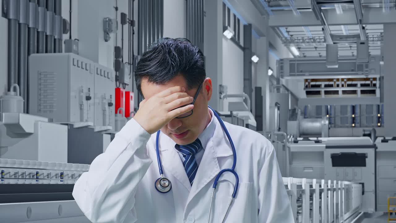 製薬工場で立ちながら頭痛に悩むアジア人男性医師のクローズアップ