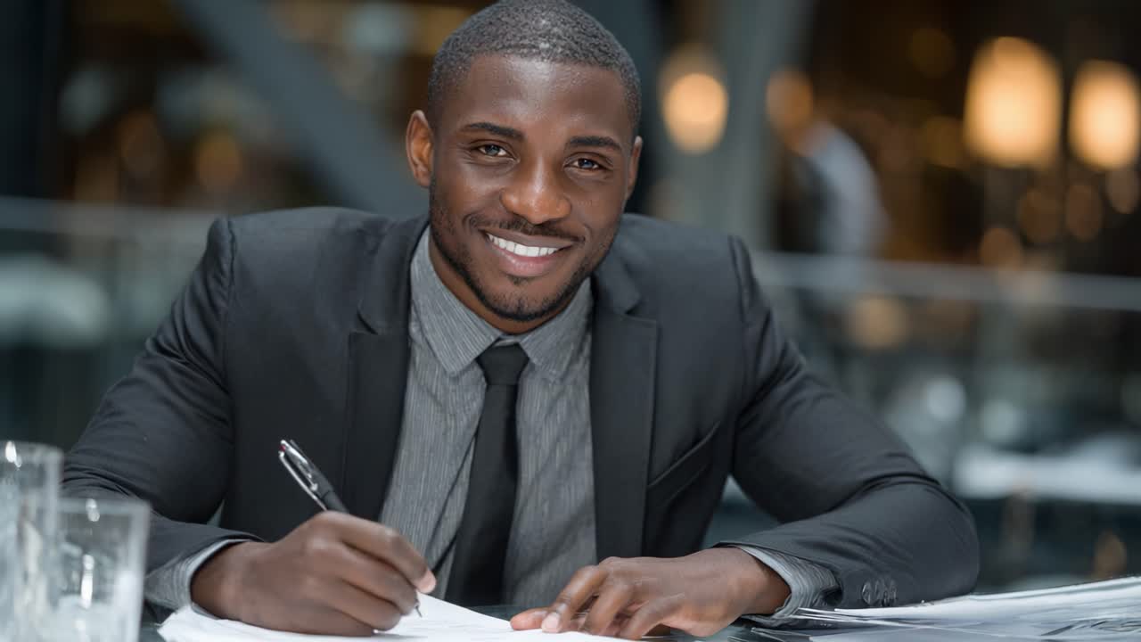 Focused Professional Writing in Modern Office Space: A Young Man Dressed in a Suit, Engaged in Important Documentation with a Pen on a Contemporary Desk