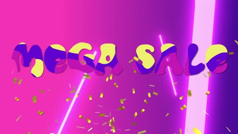 animación de texto y formas de mega venta en fondo rosa y azul.