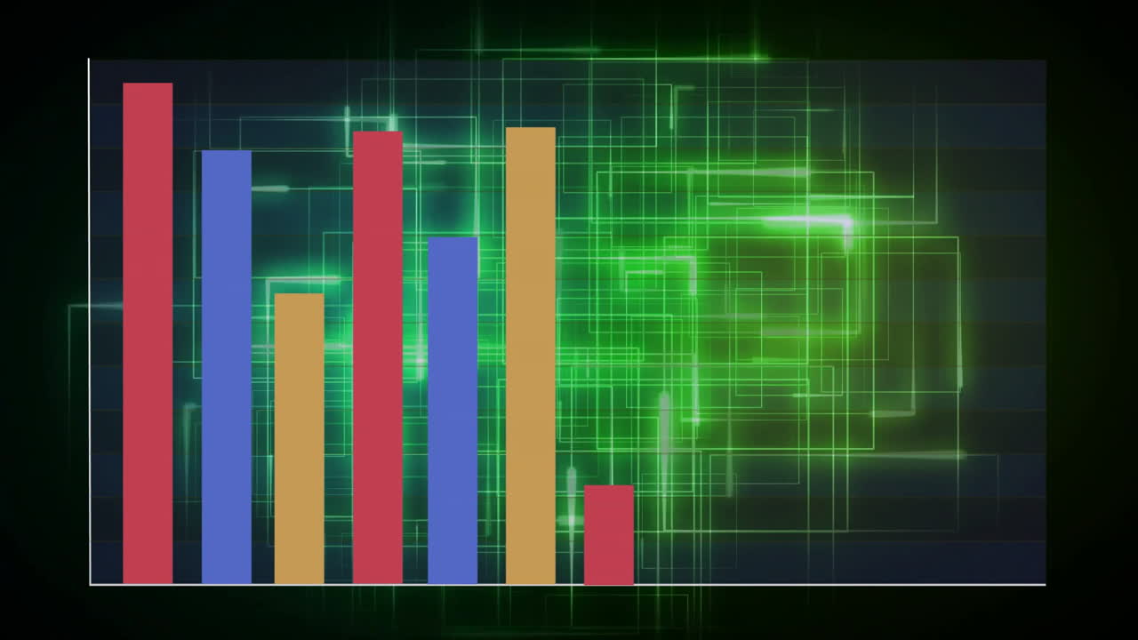 Displaying bar graph data over green digital network animation in presentation