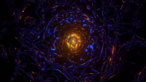 computerized animation of deep dark narrow metallic tunnel with golden light at the end