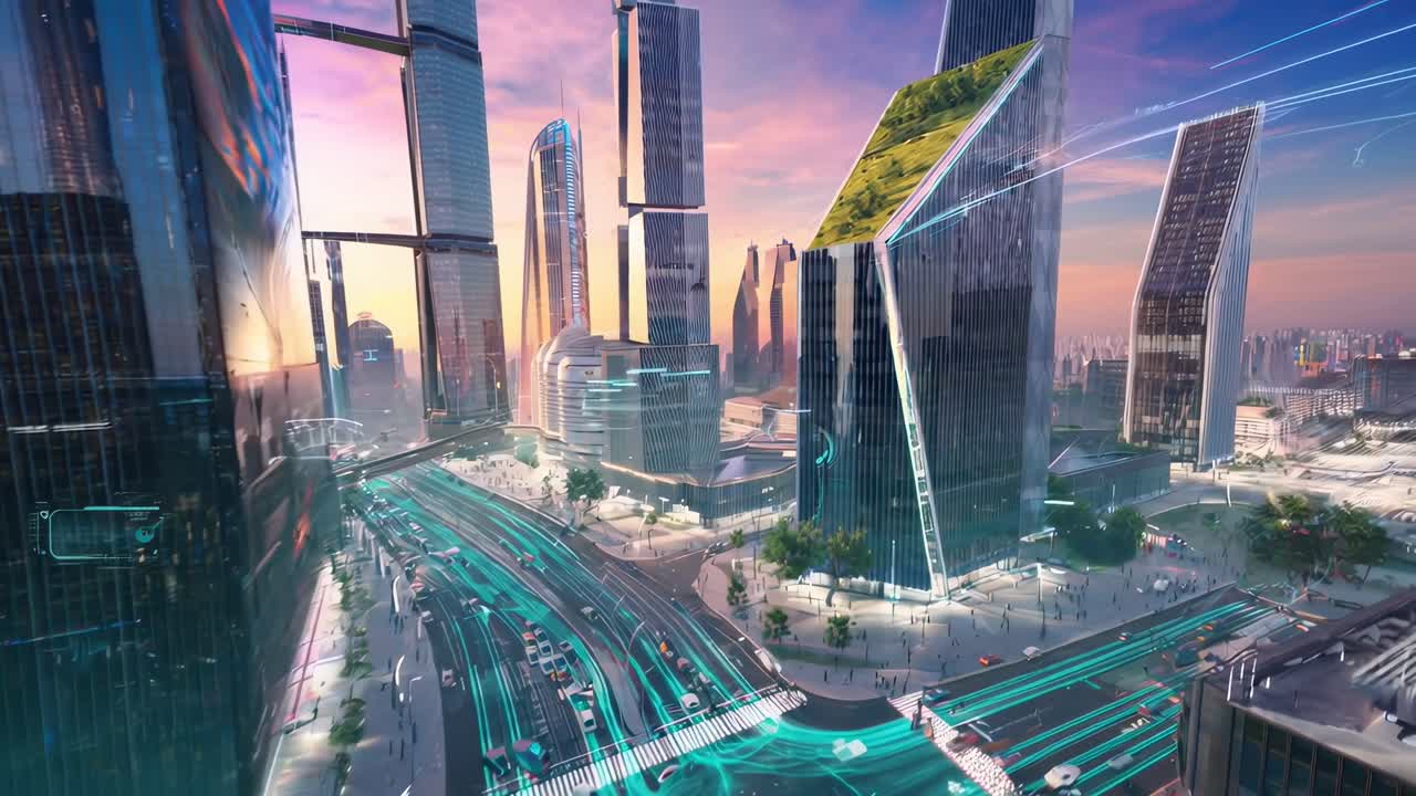 Futuristic cityscape video with a high-angle view, showcasing smart technology and modern