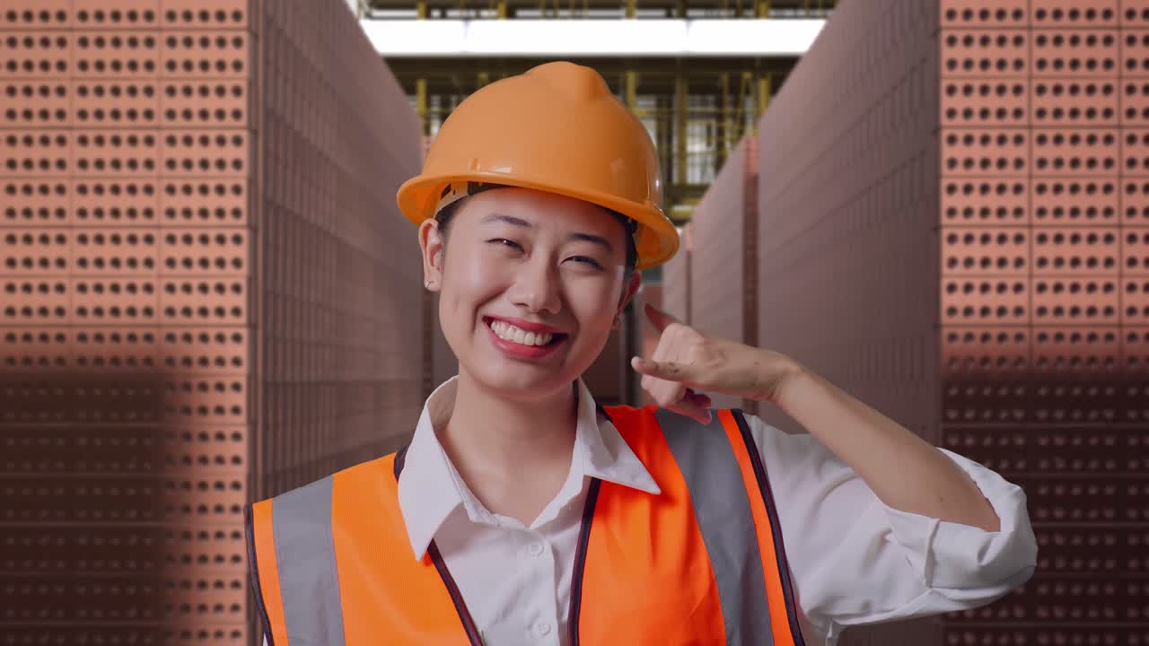 Close Up Of Asian Female Engineer With Safety Helmet Smiling To Camera And Making Call Me Gesture While Standing With Red Brick Packed in Stacks Are Stored