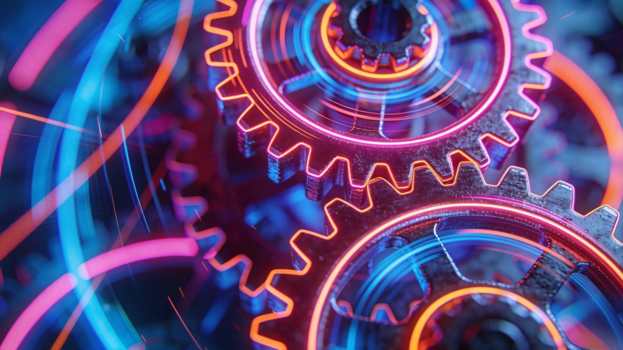 Motor activating, turning pair of interlocking metal gears rotating in close-up, neon rings pulsing