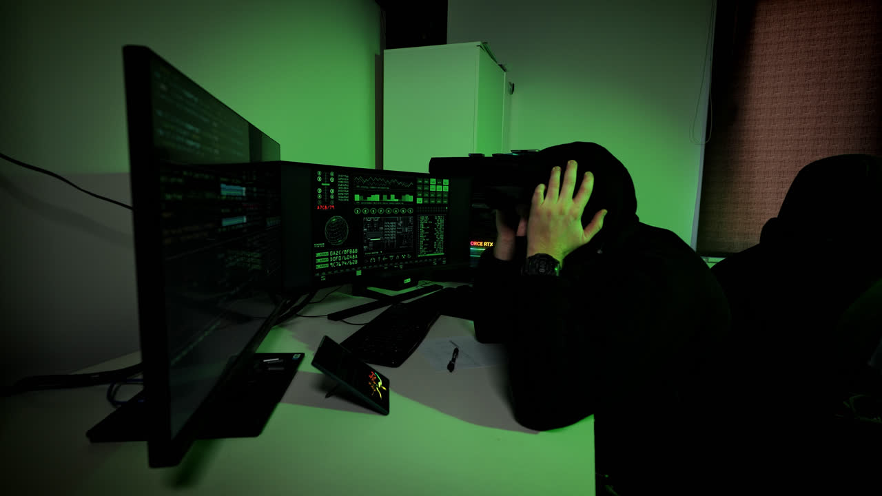 Green glow as masked hacker panics and hits head coding on dual monitors