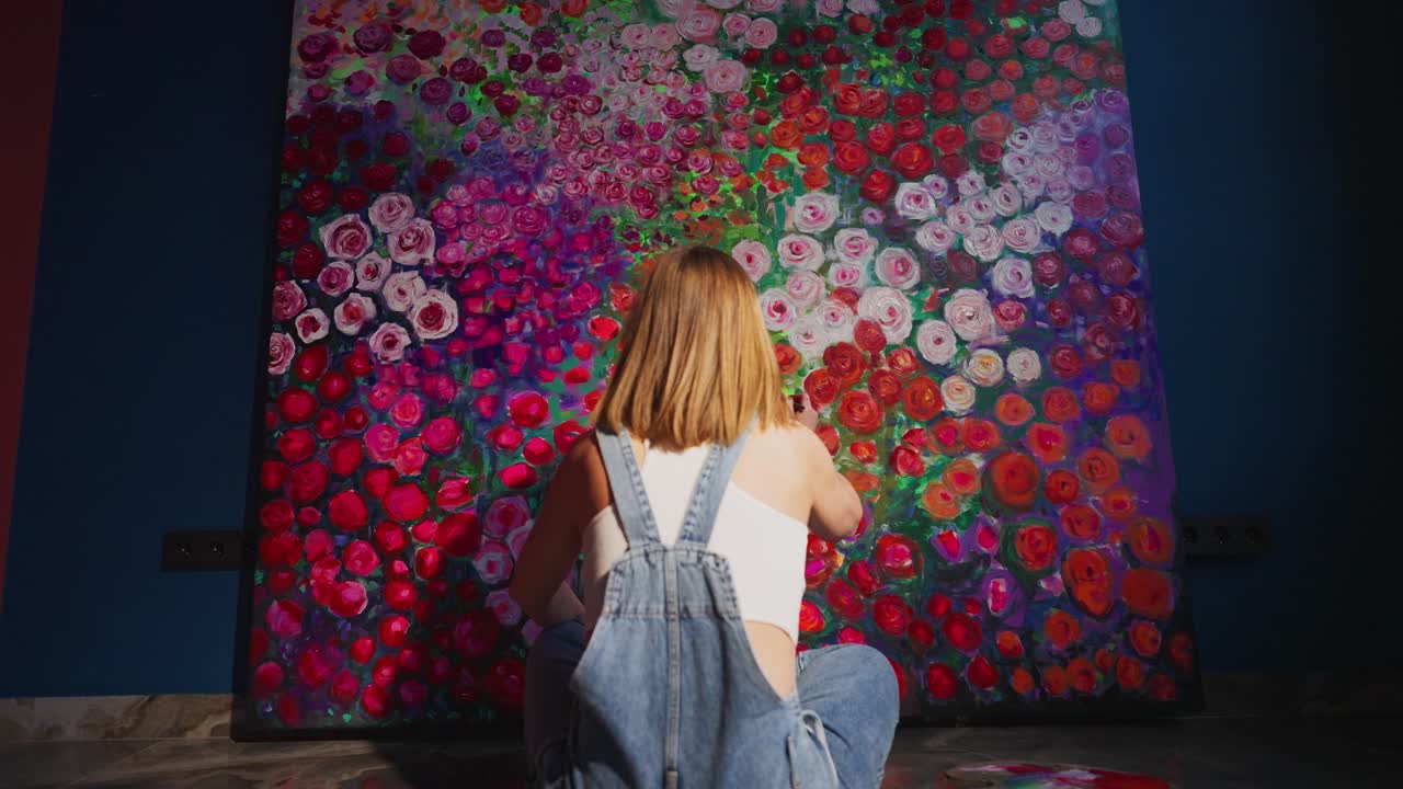 Kvindelig kunstner maler stort abstrakt blomstermotiv på lærred i atelier
