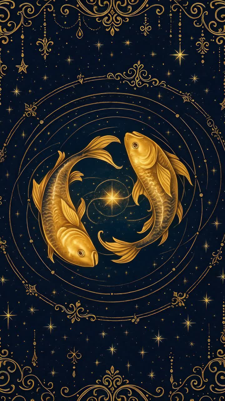 Elegant top-down video frame of two golden fish in a cosmic design, surrounded by intricate