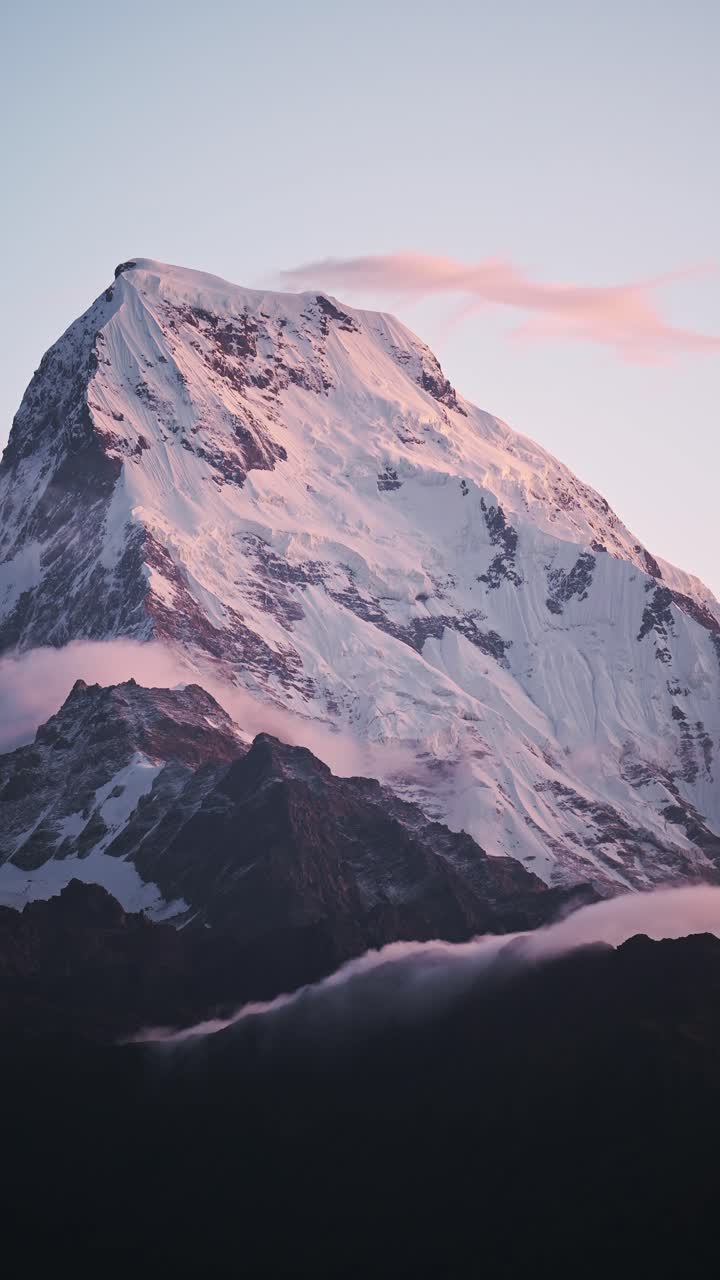 Sunset Snowcapped Mountains Close Up in Nepal, Winter Mountain Top at Sunrise with Snowy Snow High Altitude Mountain Landscape Scenery, Vertical Video for Social Media Instagram Reels and Tiktok