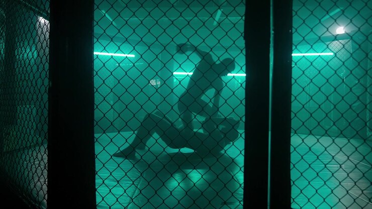 Silhouetted Fighters Grappling and Punching in a Green Lit Cage