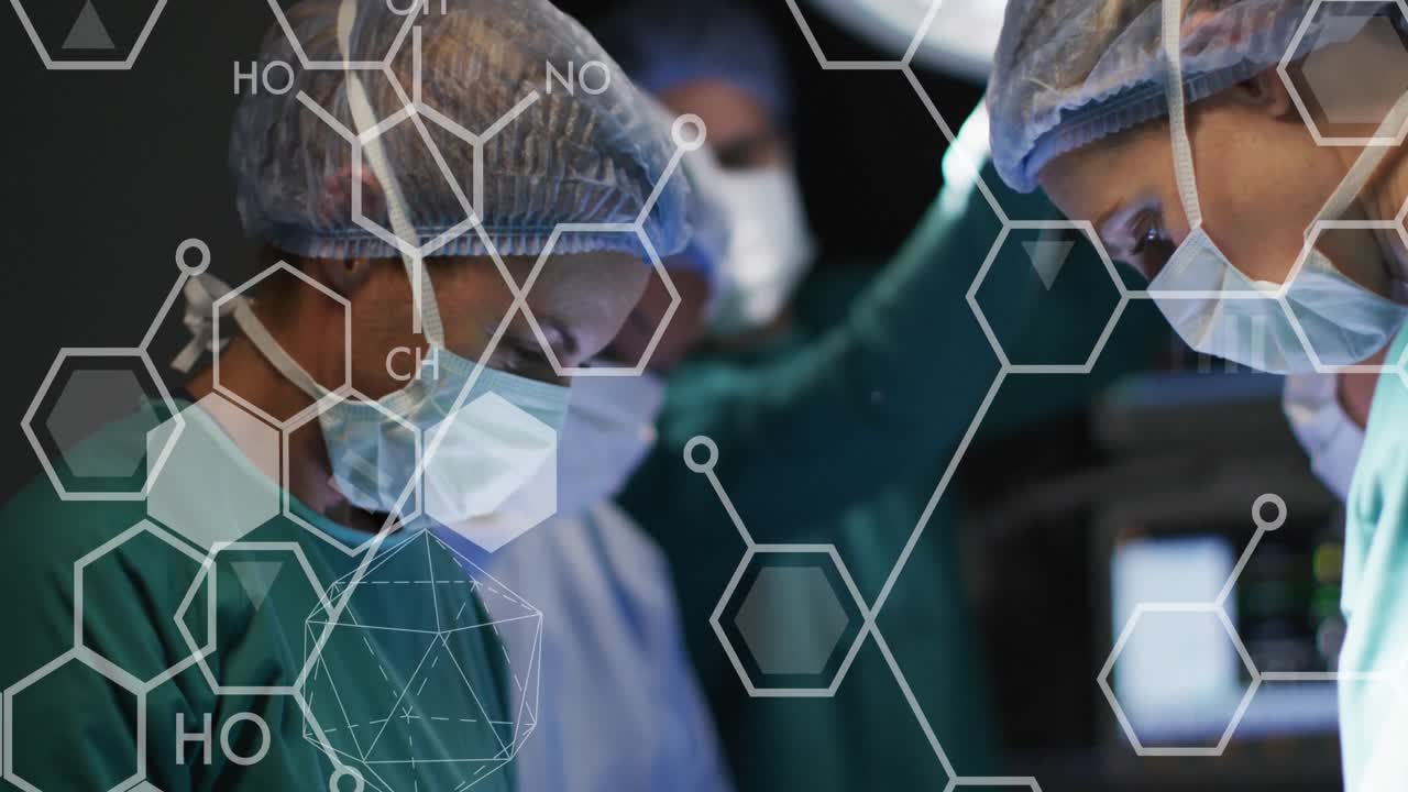 병원의 다양한 의사들에 대한 화학 공식의 애니메이션