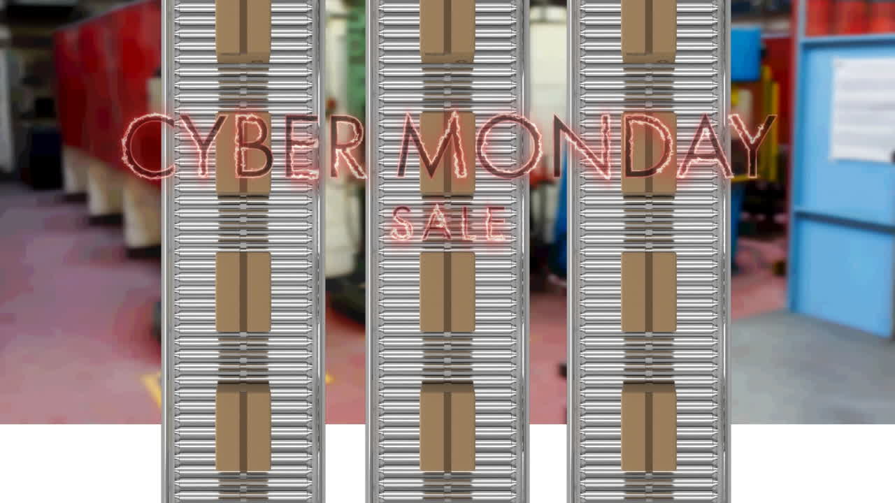 Animation of cyber monday sale text over cardboard boxes on conveyor belts