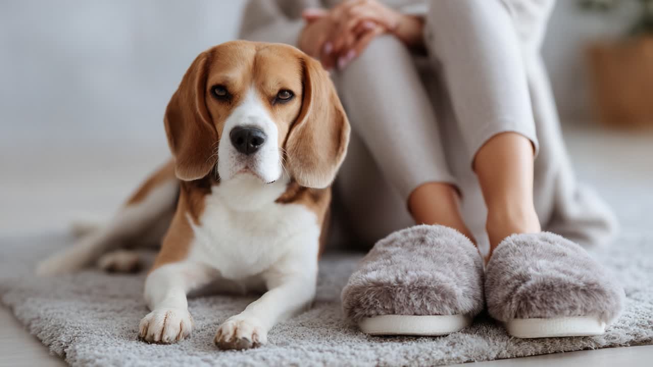 Un momento intimo: un beagle giocherellone si gode un momento di relax con il suo proprietario su un morbido tappeto, catturando il legame commovente tra animali domestici e umani