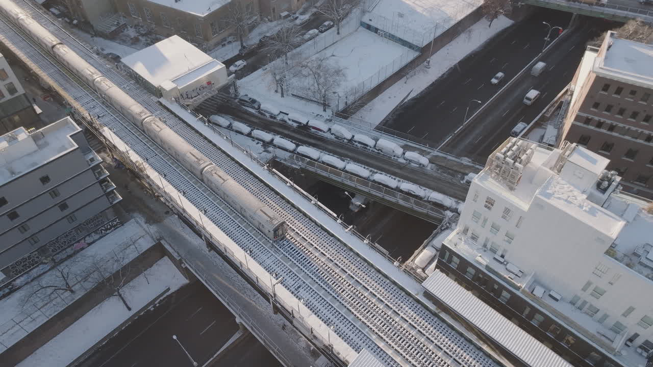Aerial view of a delayed subway train. Shot in Brooklyn, New York City on a winter morning.