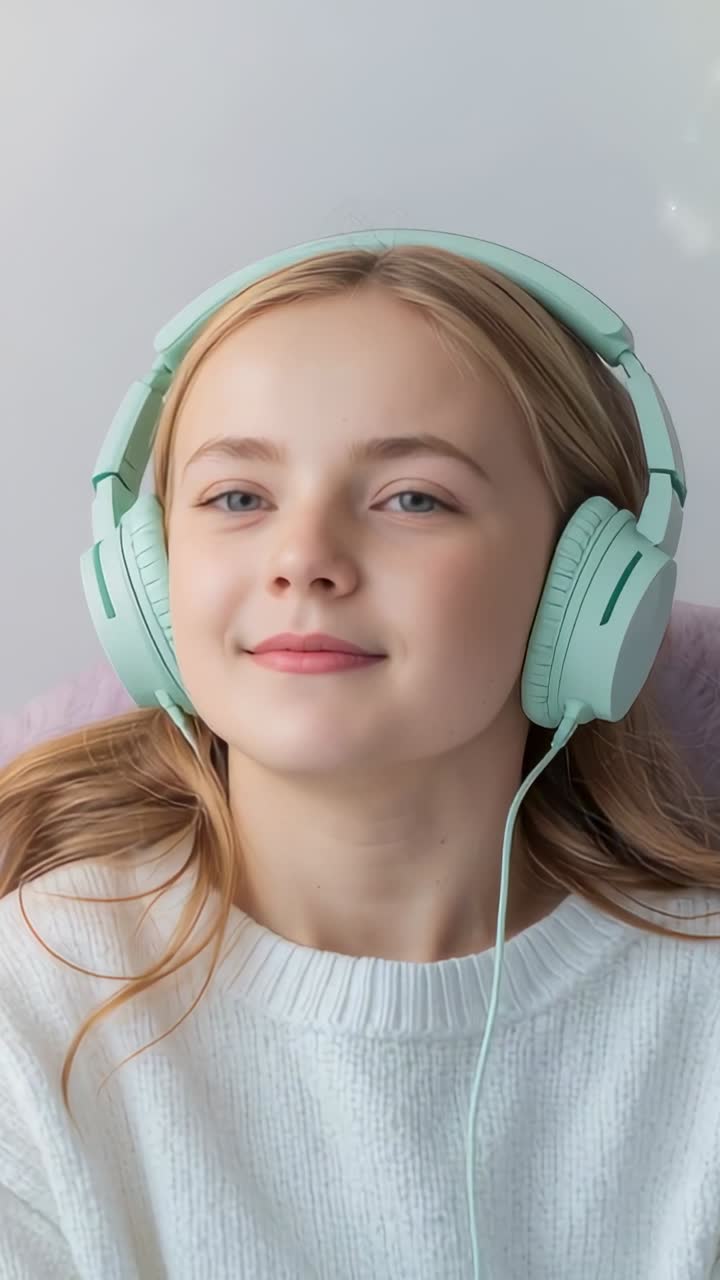 Video verticale: inizia la musica, bambino con maglietta bianca ascolta, inclina la testa a casa con cuffie color menta