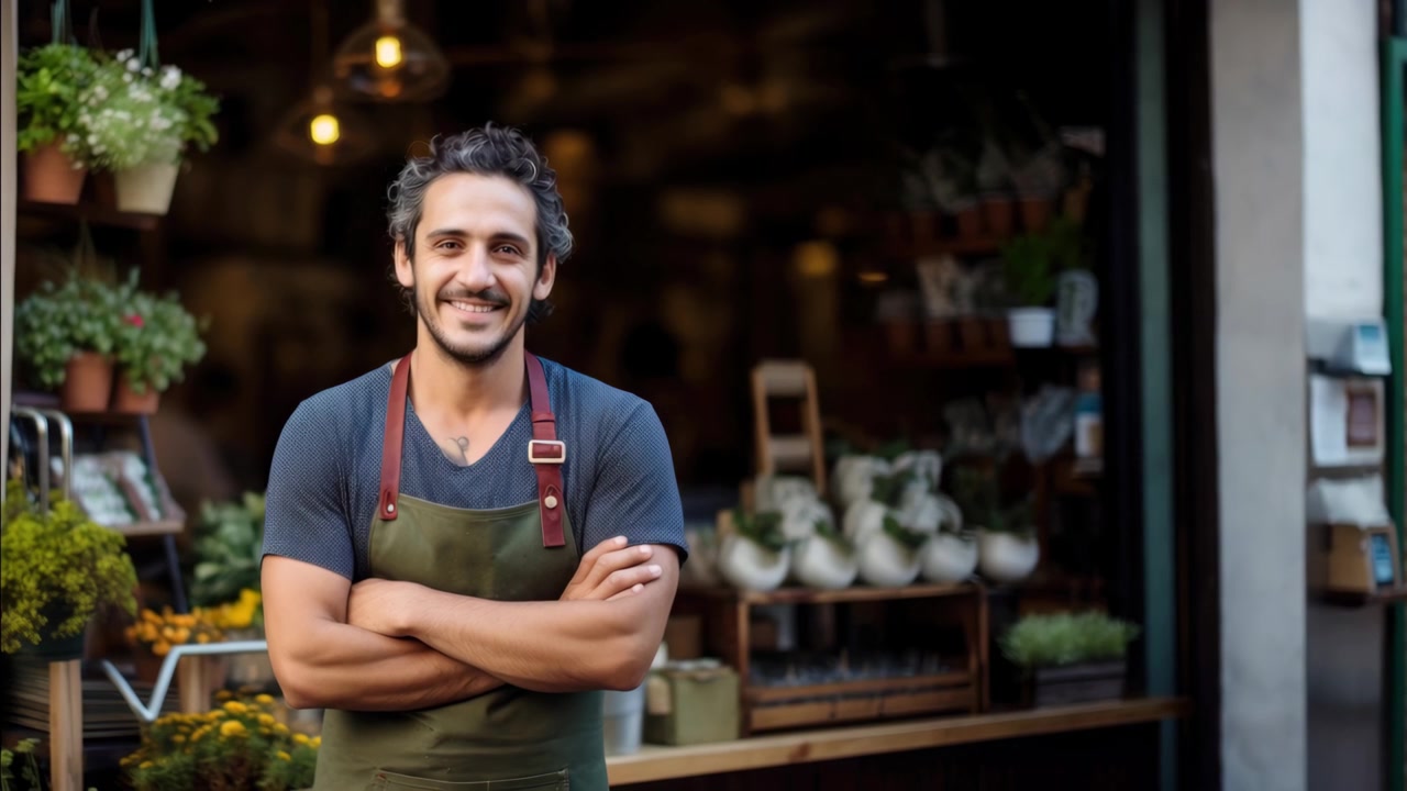 Florista masculino simpático em frente à sua floricultura