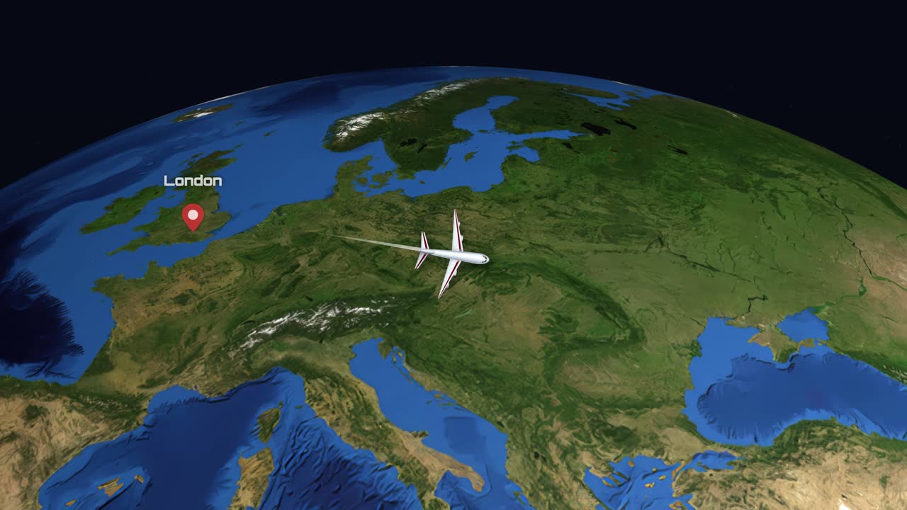 A 3D airplane flies across a realistic globe from London to Mumbai over diverse terrain