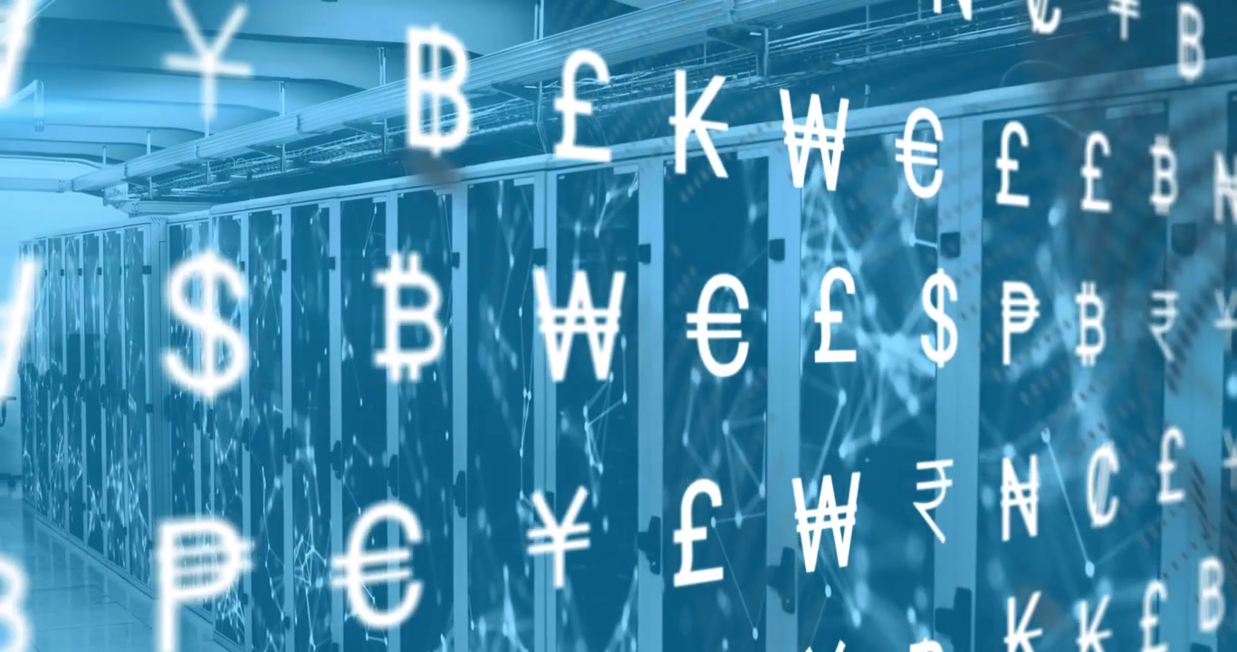 Globala valutasymboler svävande över ett serverrum i ett datacenter.