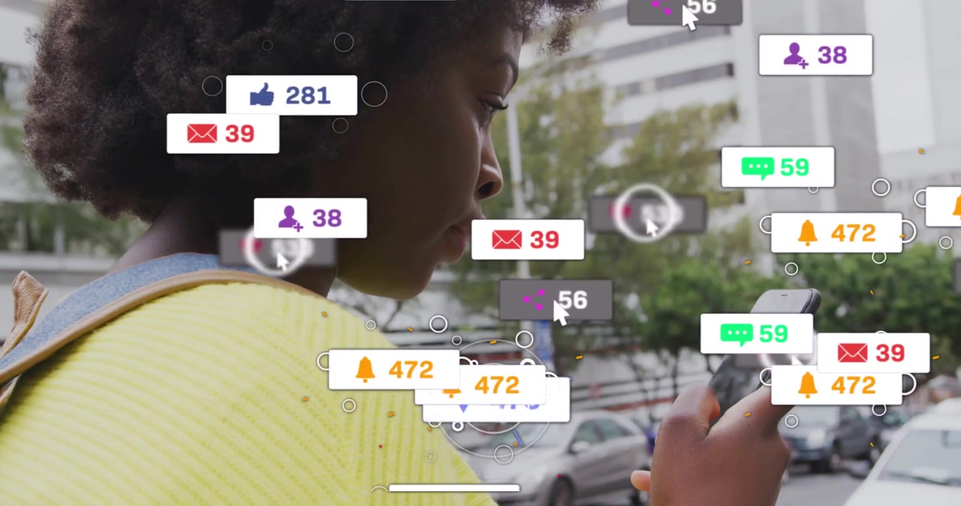 Woman walking city scrolling phone checking alerts, social icons peaking camera zooming, looking up