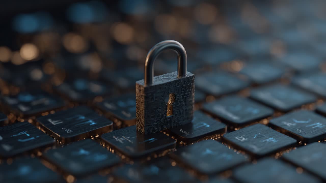 A Close-Up View of a Shiny Black Padlock Positioned on a Dark Keyboard, Symbolizing Digital Security and Network Protection