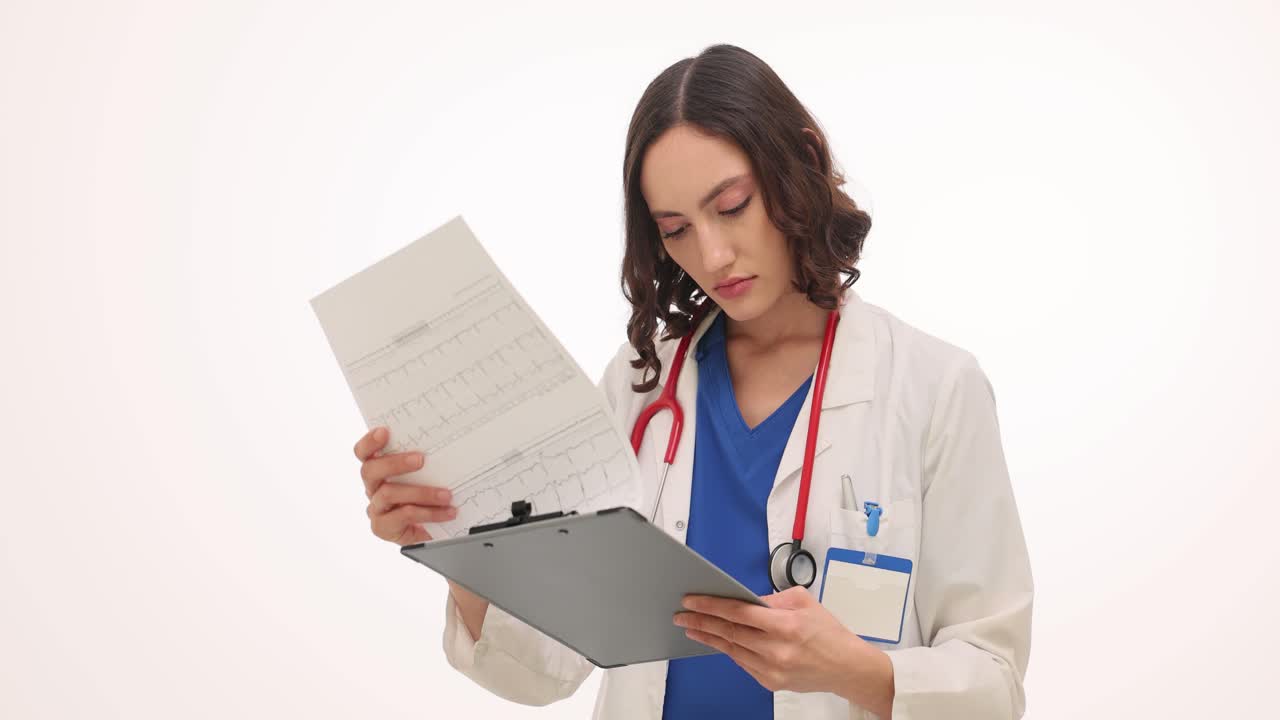 Female Doctor Reviewing ECG Results on a Clipboard