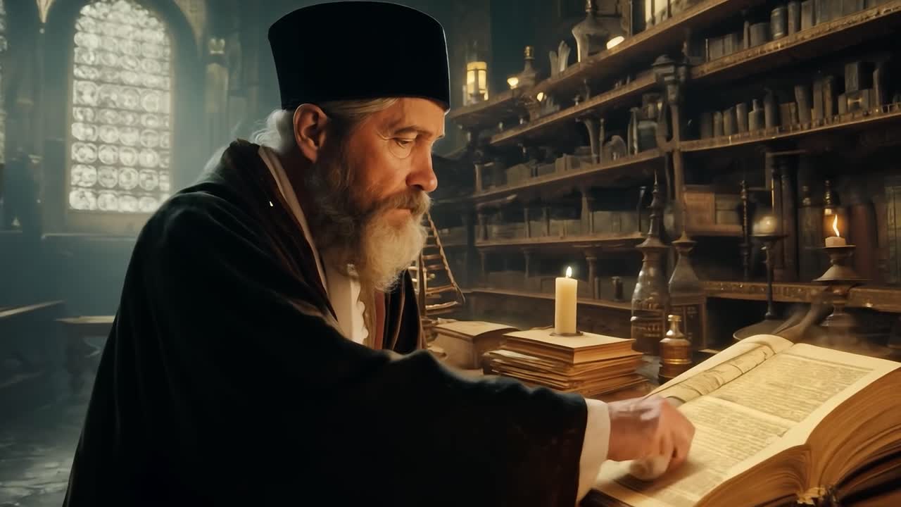 긴 수염을 가진 은이가 희미하게 밝은 도서관에서 책을 읽고 있다