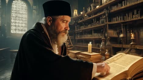 un anciano con una larga barba lee un libro en una biblioteca débilmente iluminada