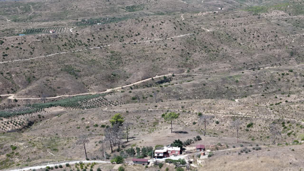 Bird's eye view above winding roads across rural Taurus Mountains, Turkey
