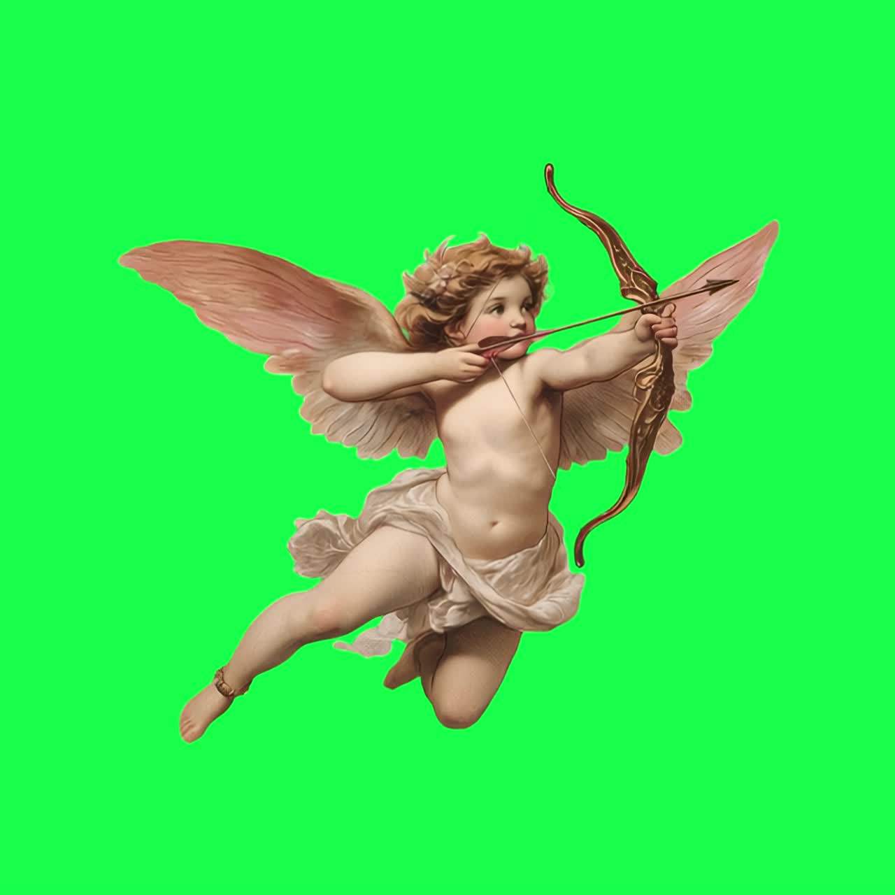 Cherub aiming bow gracefully animation, transparent 4K video, green screen
