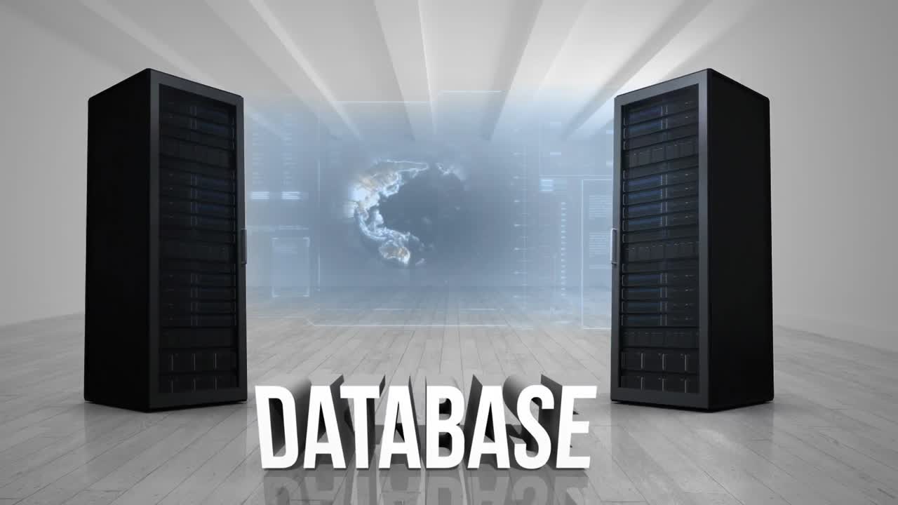 Data servers and numeric dashboard with spinning globe in an empty room