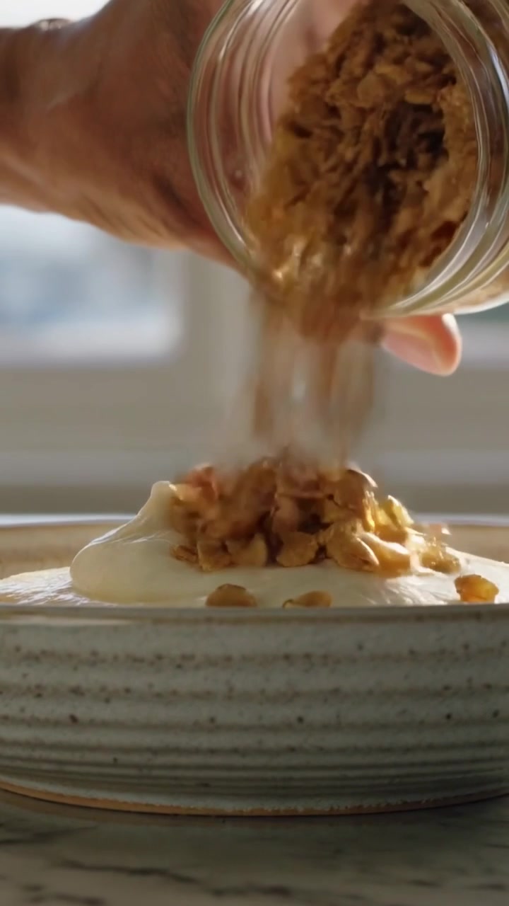 Video verticale: Mano che raccoglie la crema e la mette in una ciotola su un bancone di marmo, aggiungendo granola per uno spuntino