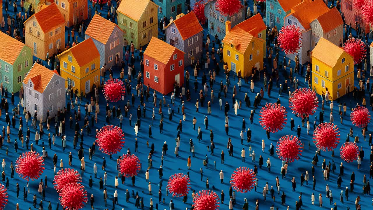 A Vibrant Community of Colorful Houses Amidst a Sea of Humanity and Large Red Spheres, Reflecting a Thought-Provoking Concept of Connection and Challenge in Modern Society