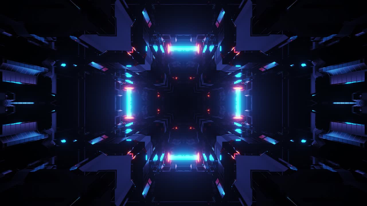 Flying into neon space tunnel, sci-fi spaceship interior, futuristic technology corridor abstract seamless VJ for tech titles and background