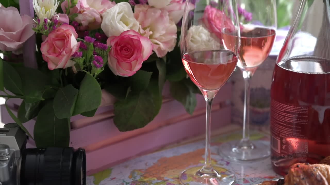 Close up of croissants and glasses of rose on a table with a pink basket of flowers