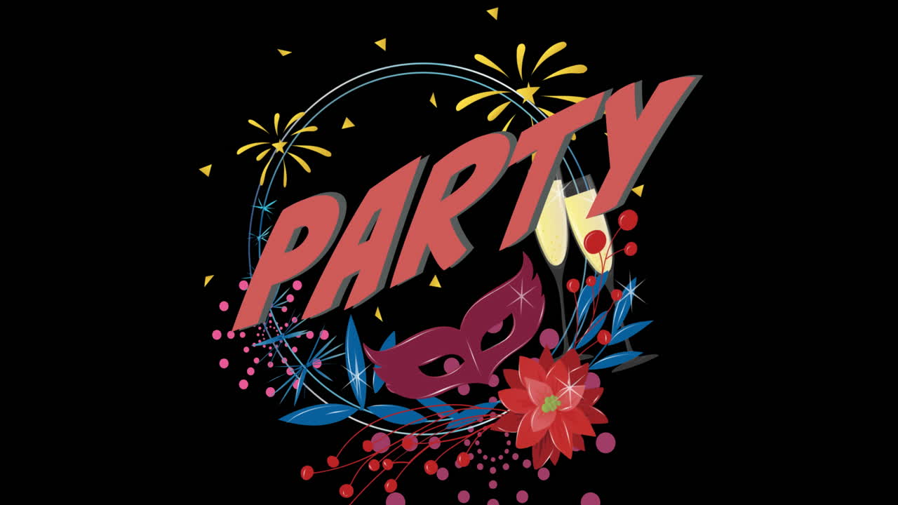 불꽃놀이와 유리 위에 파티 텍스트의 애니메이션