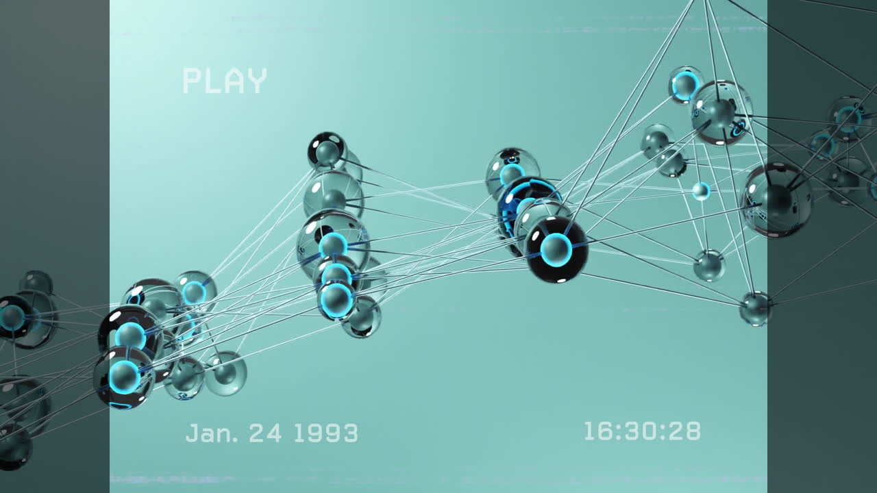 Animation of futuristic network nodes with date and time overlay in school