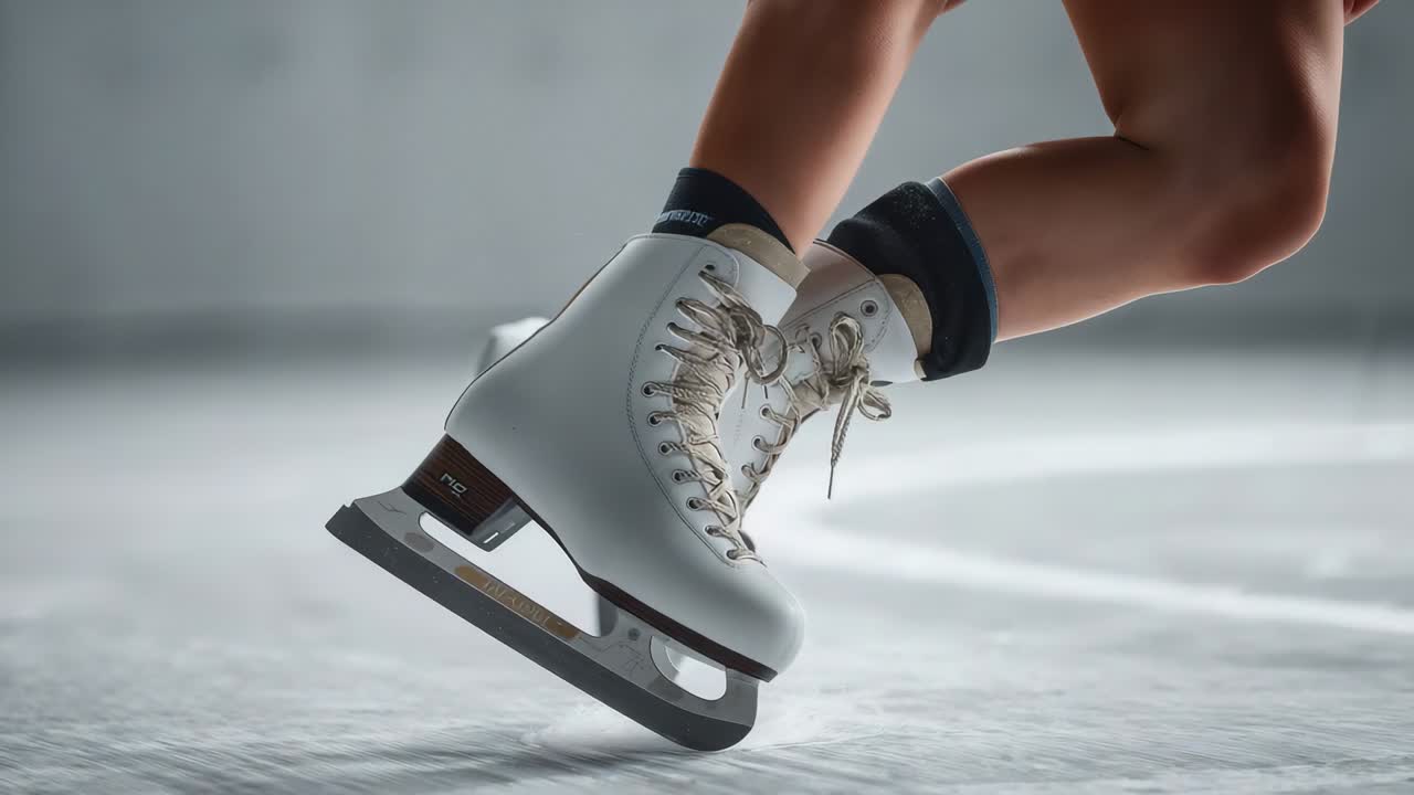 Bending then pushing off skater's white figure skates lifting into jump on ice, with blade shadows