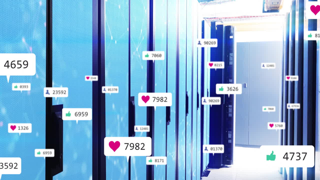 Server rack cabinets glowing in data center, showing floating social media icons, 3D render