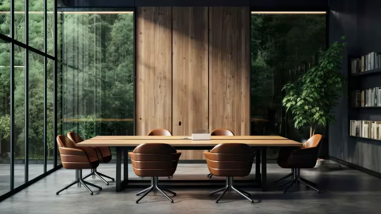 A modern conference room with leather chairs and a wooden table, captured from a low angle