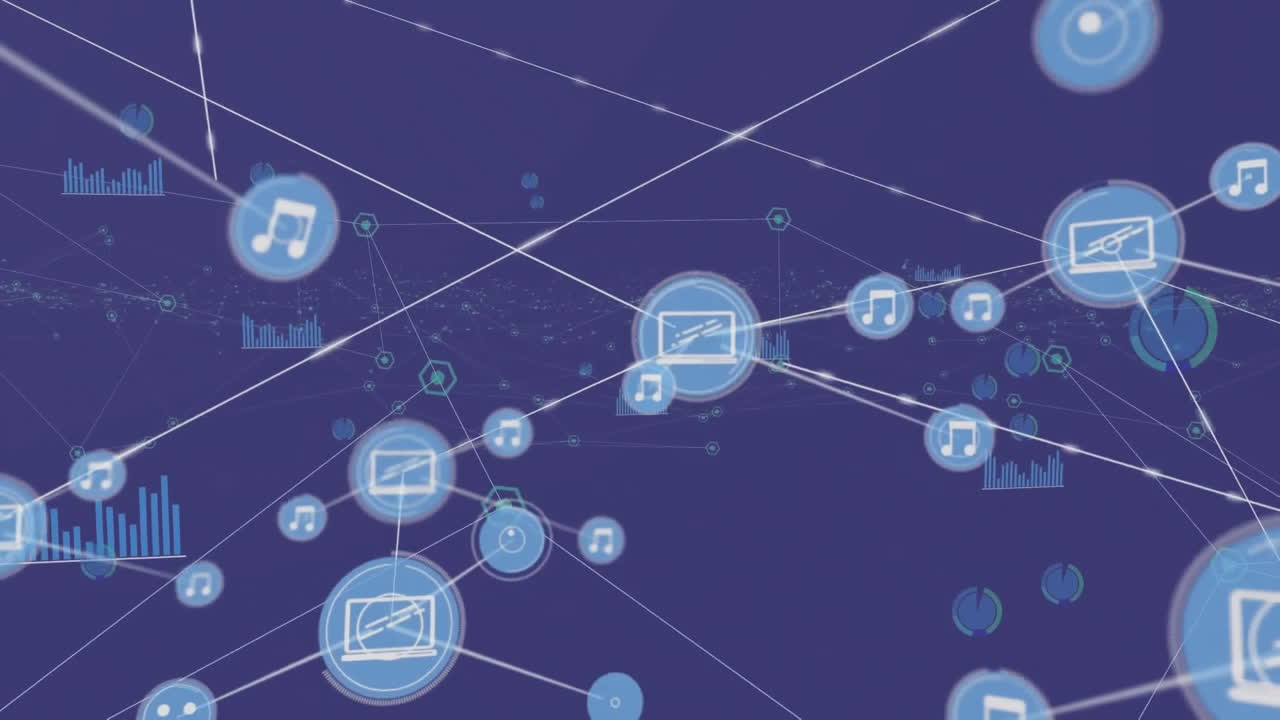 Animation of network of connections with icons and data processing on blue background