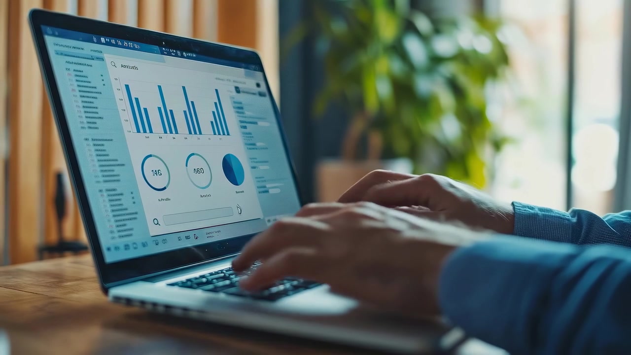 Hands Typing on Laptop Keyboard Displaying Business Charts