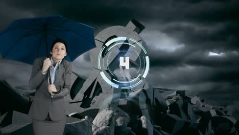 Countdown-over-round-scanner-over-businesswoman-holding-an-umbrella-against-broken-dollar-symbol