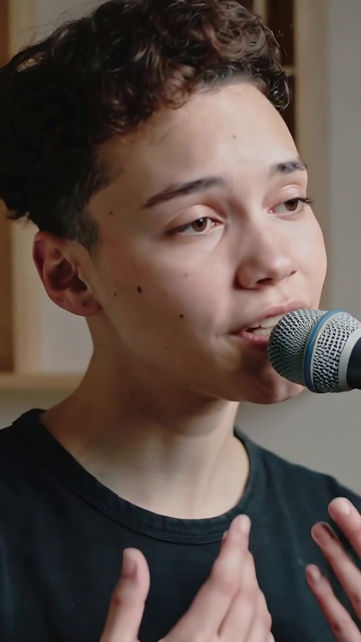 Vertikal video: Optagelse starter med teenagersanger, der øver sig i mikrofon i studie iført sort T-shirt.